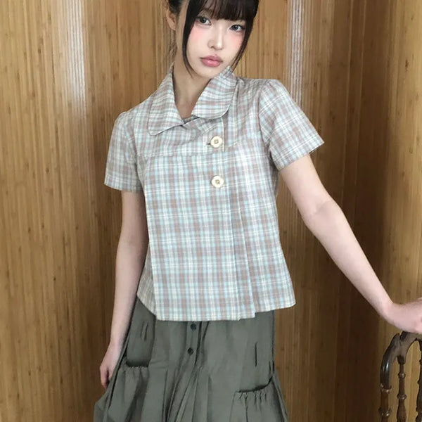 Yuwa Round Collar Check Short Sleeve Blouse