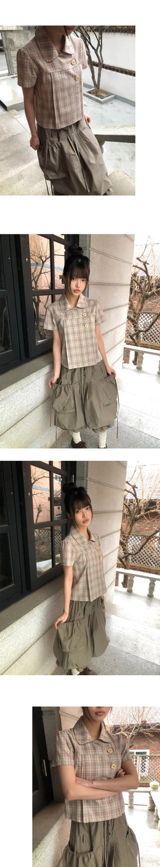 Yuwa Round Collar Check Short Sleeve Blouse