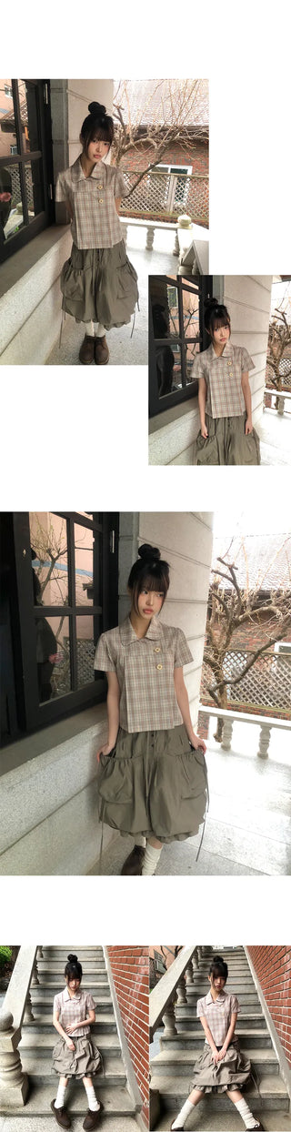 Yuwa Round Collar Check Short Sleeve Blouse