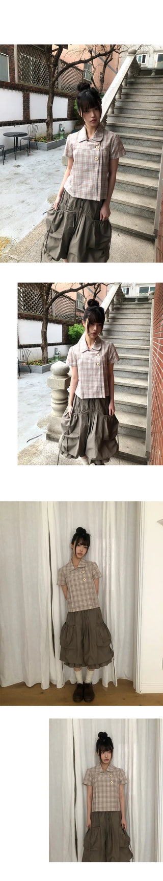 Yuwa Round Collar Check Short Sleeve Blouse