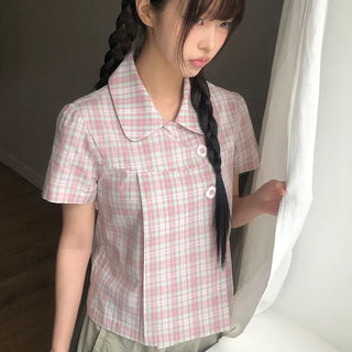 Yuwa Round Collar Check Short Sleeve Blouse