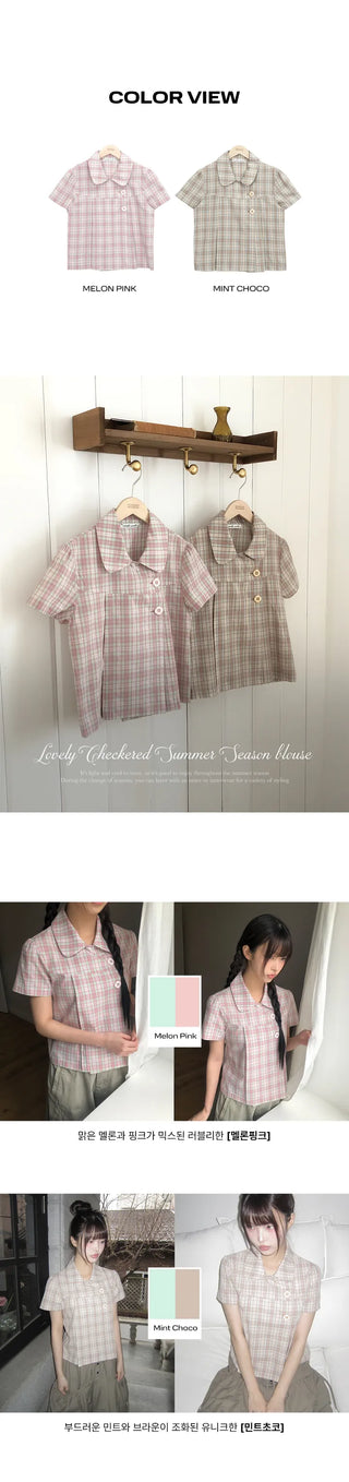 Yuwa Round Collar Check Short Sleeve Blouse