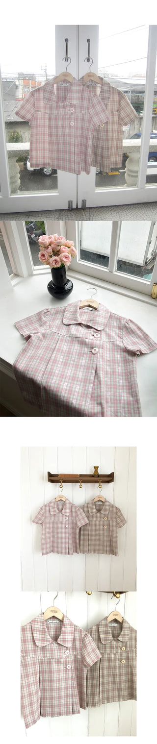 Yuwa Round Collar Check Short Sleeve Blouse