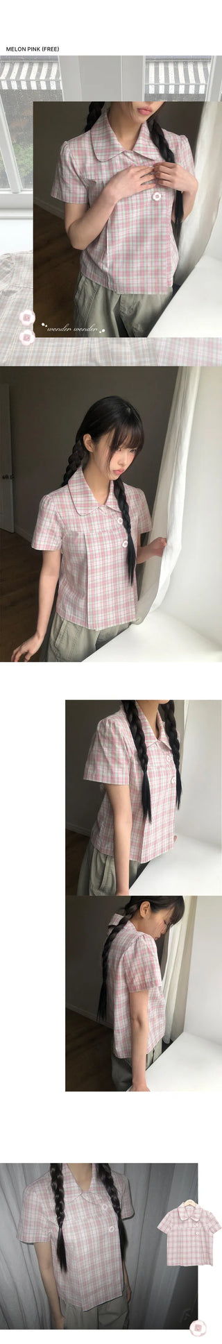 Yuwa Round Collar Check Short Sleeve Blouse