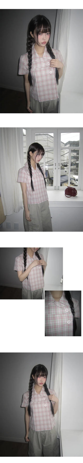 Yuwa Round Collar Check Short Sleeve Blouse