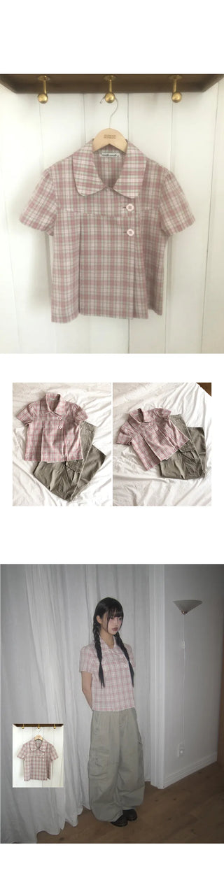 Yuwa Round Collar Check Short Sleeve Blouse