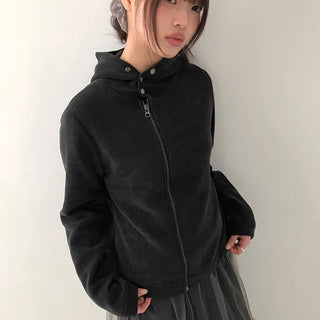 Hion High Neck Button Zip-Up Hoodie