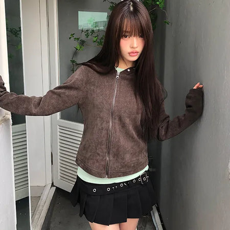 Hion High Neck Button Zip-Up Hoodie