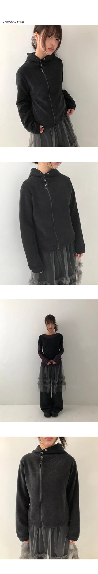 Hion High Neck Button Zip-Up Hoodie