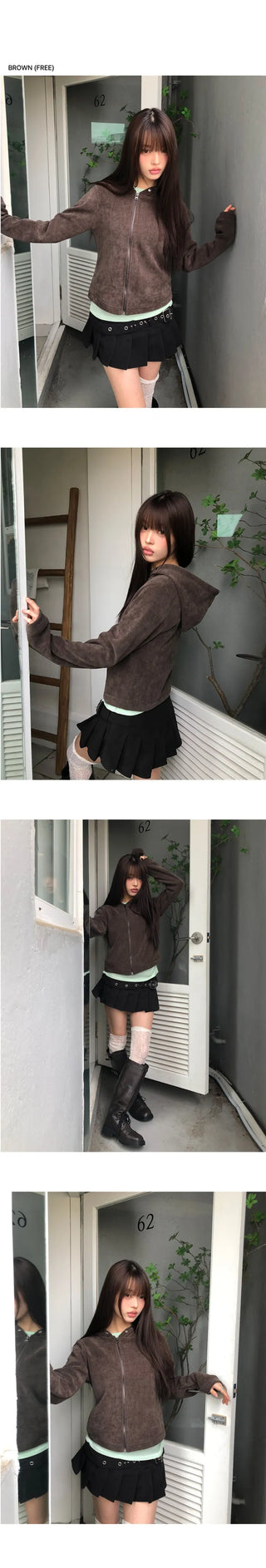 Hion High Neck Button Zip-Up Hoodie