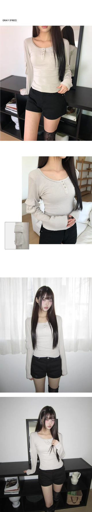 Muite U-Neck Pocket Long Sleeve T-Shirt