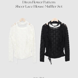Diven Flower See-through Lace Blouse Set