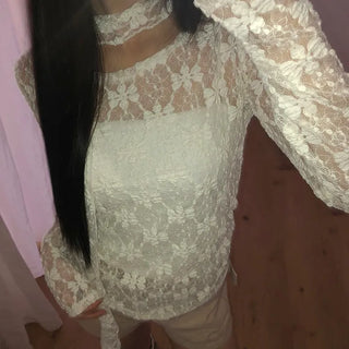 Diven Flower See-through Lace Blouse Set