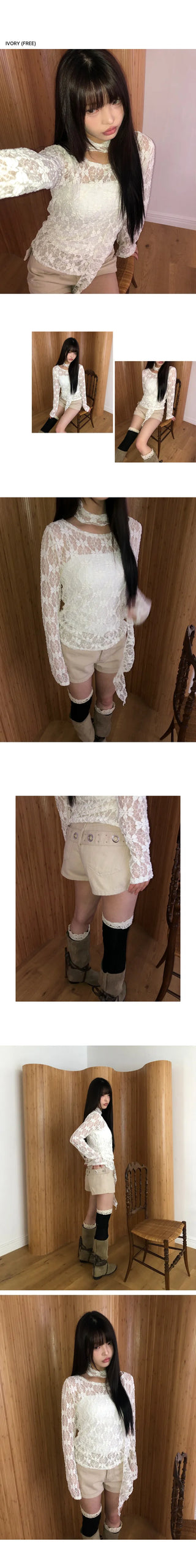 Diven Flower See-through Lace Blouse Set