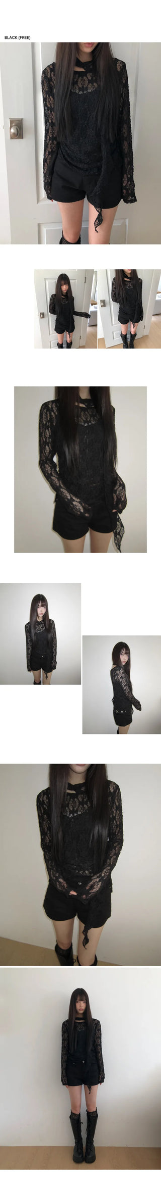 Diven Flower See-through Lace Blouse Set