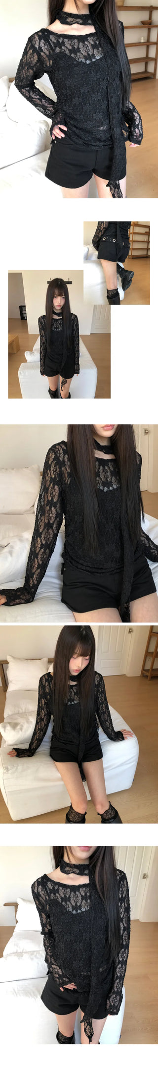 Diven Flower See-through Lace Blouse Set