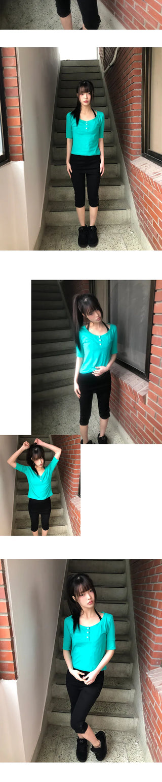 Viet Button Point Color Short Sleeve T-shirt