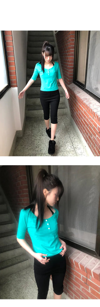 Viet Button Point Color Short Sleeve T-shirt