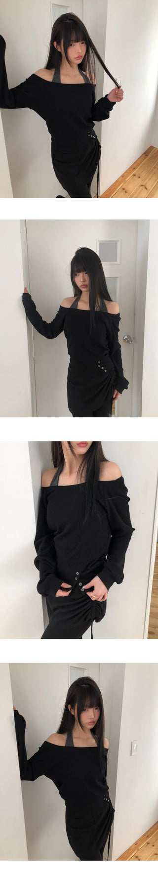 Hamin Halter Waffle Off-Shoulder Sweatshirt