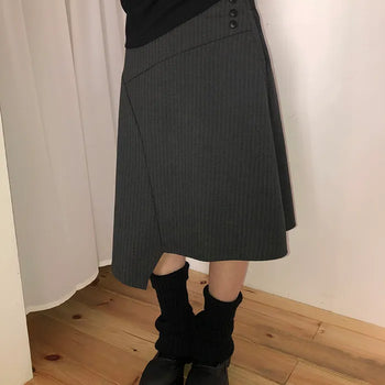 Annyu Asymmetrical Button Midi Skirt