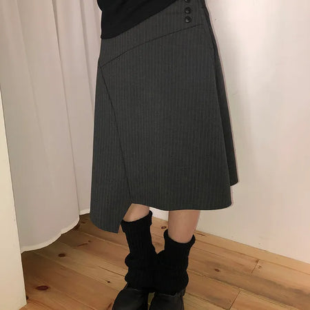 Annyu Asymmetrical Button Midi Skirt