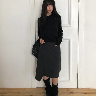 Annyu Asymmetrical Button Midi Skirt