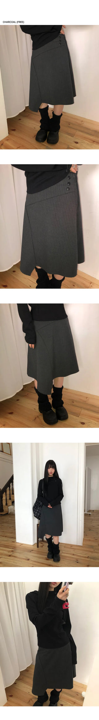 Annyu Asymmetrical Button Midi Skirt
