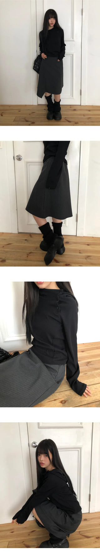 Annyu Asymmetrical Button Midi Skirt