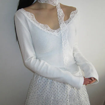 Kimen Lace Fleece-lined Crop Long Sleeve T-shirt