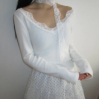 Kimen Lace Fleece-lined Crop Long Sleeve T-shirt