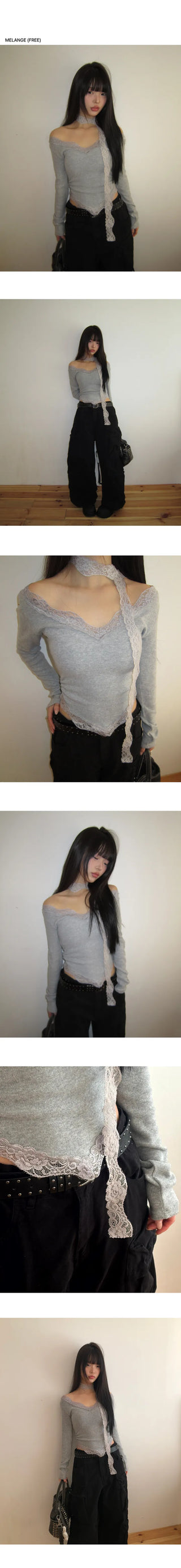 Kimen Lace Fleece-lined Crop Long Sleeve T-shirt