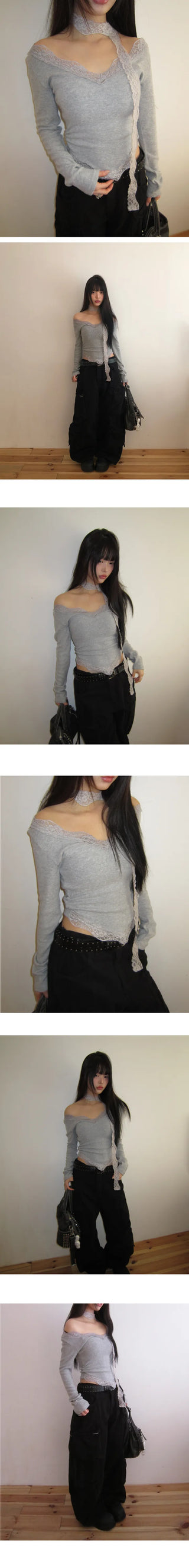 Kimen Lace Fleece-lined Crop Long Sleeve T-shirt