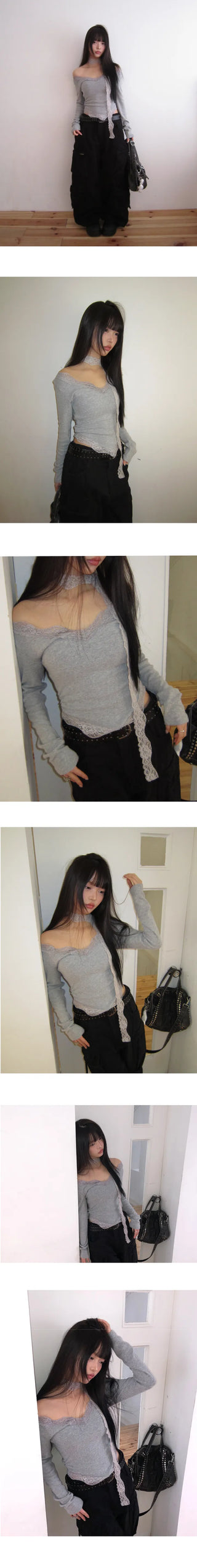 Kimen Lace Fleece-lined Crop Long Sleeve T-shirt