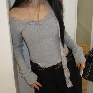 Kimen Lace Fleece-lined Crop Long Sleeve T-shirt