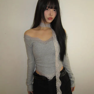 Kimen Lace Fleece-lined Crop Long Sleeve T-shirt