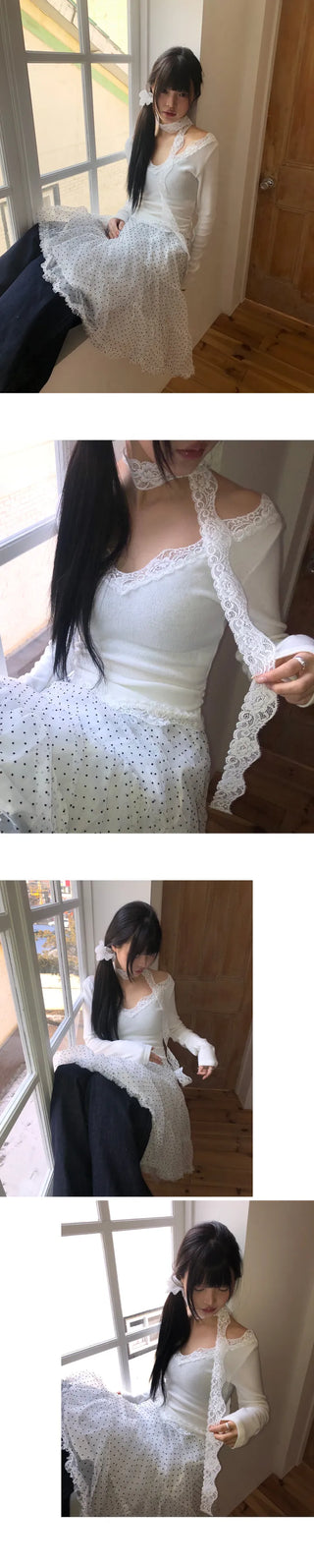 Kimen Lace Fleece-lined Crop Long Sleeve T-shirt