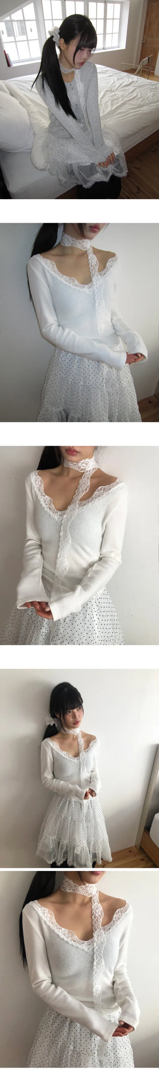Kimen Lace Fleece-lined Crop Long Sleeve T-shirt