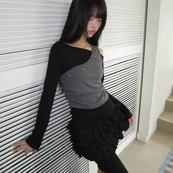 Linshu Studded Color Block Fleece Long Sleeve T-shirt