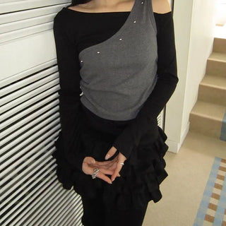 Linshu Studded Color Block Fleece Long Sleeve T-shirt