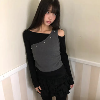 Linshu Studded Color Block Fleece Long Sleeve T-shirt