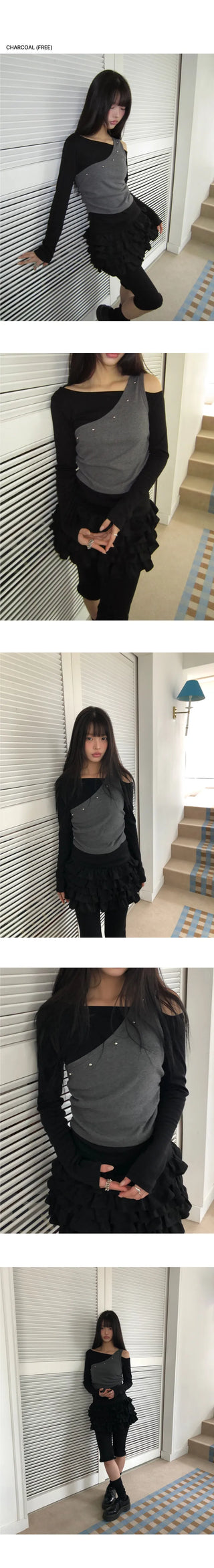 Linshu Studded Color Block Fleece Long Sleeve T-shirt