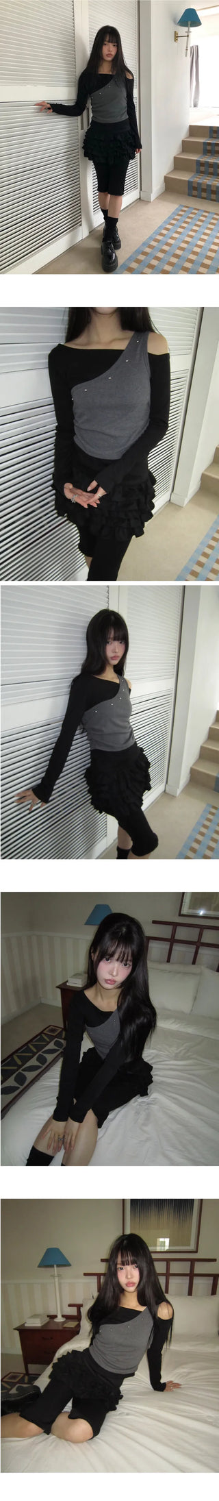 Linshu Studded Color Block Fleece Long Sleeve T-shirt