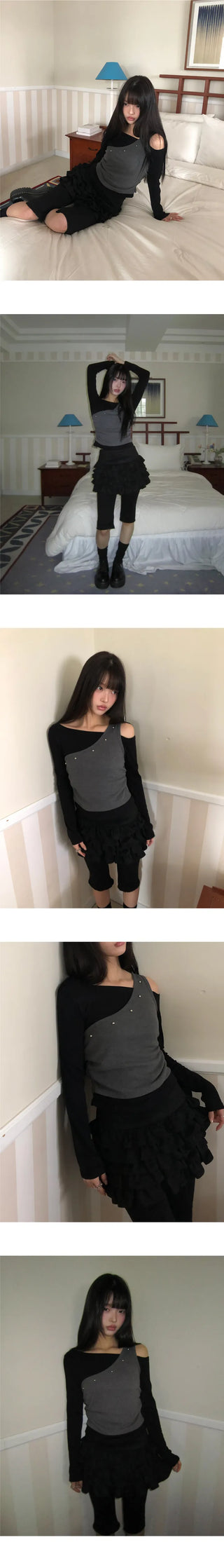 Linshu Studded Color Block Fleece Long Sleeve T-shirt