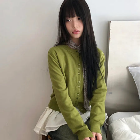 Rodun Button Detail Round Neck Knit Cardigan