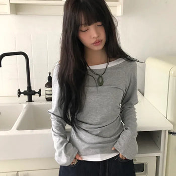 Elang Color Block Shirred One-Shoulder Long Sleeve T-shirt