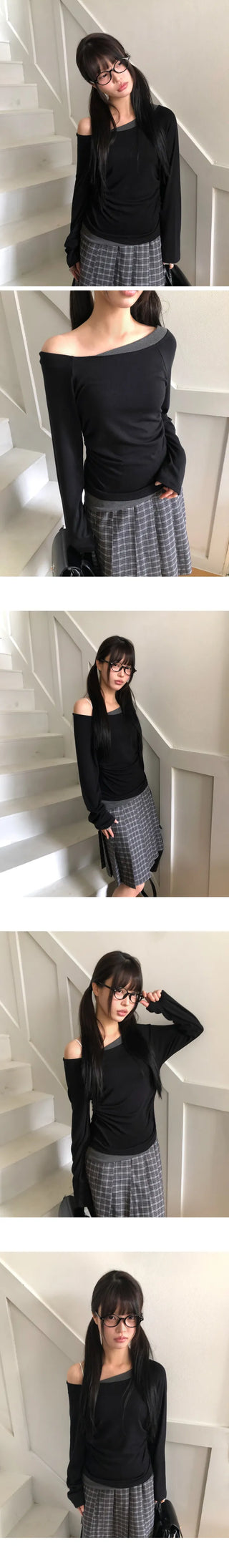 Elang Color Block Shirred One-Shoulder Long Sleeve T-shirt