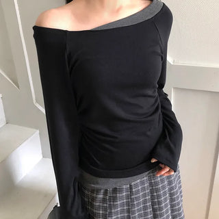 Elang Color Block Shirred One-Shoulder Long Sleeve T-shirt