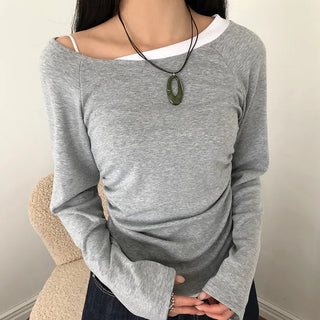 Elang Color Block Shirred One-Shoulder Long Sleeve T-shirt