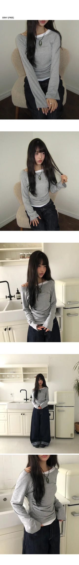 Elang Color Block Shirred One-Shoulder Long Sleeve T-shirt