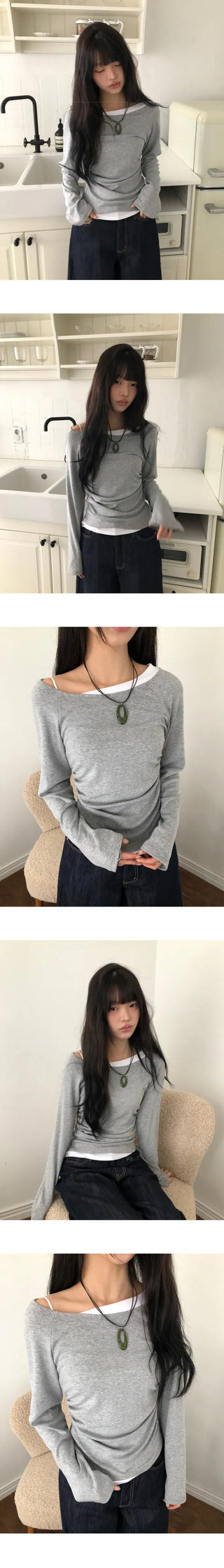 Elang Color Block Shirred One-Shoulder Long Sleeve T-shirt